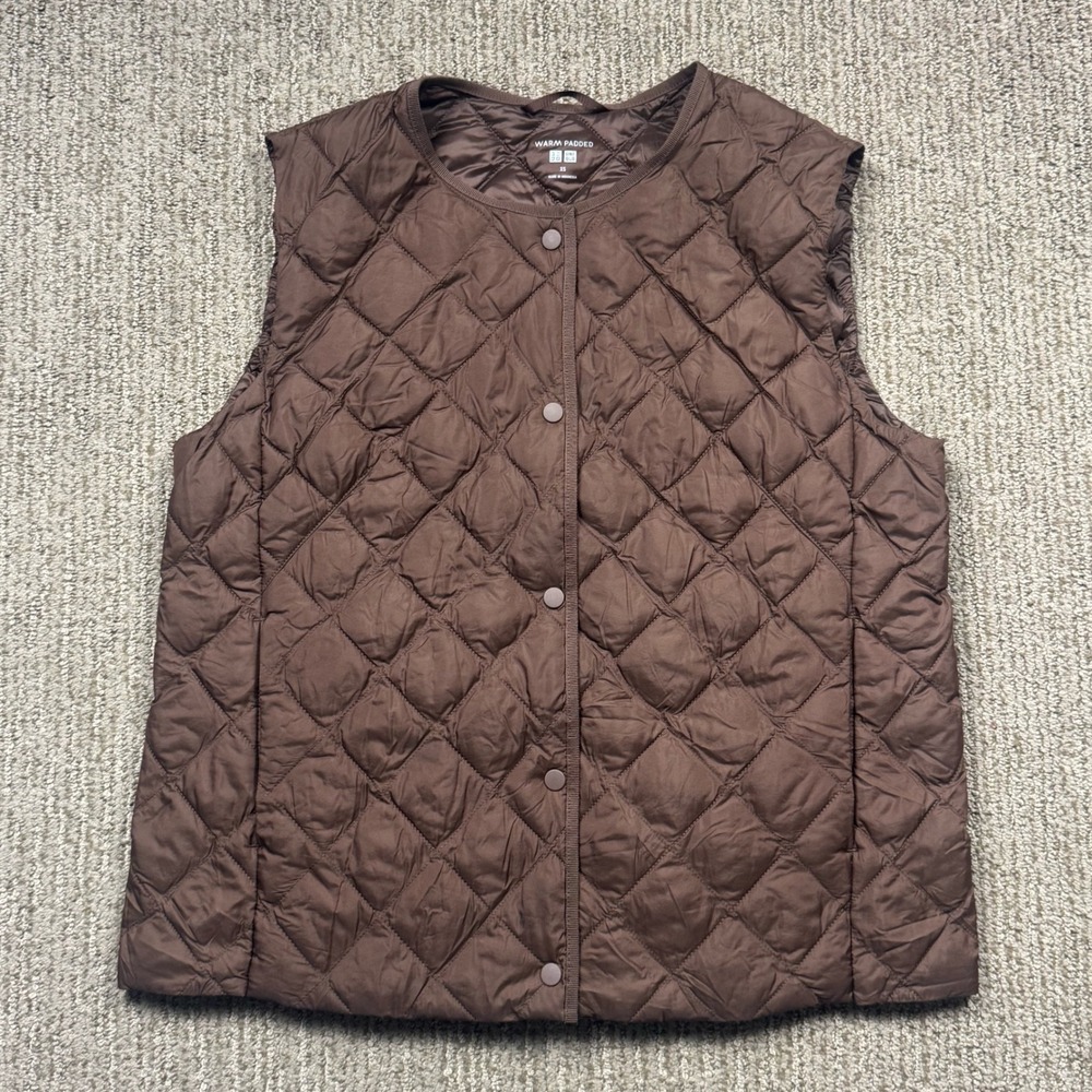 Uniqlo Warm Padded Down Vest Collarless Quilted Puffer Womens XS Brown
